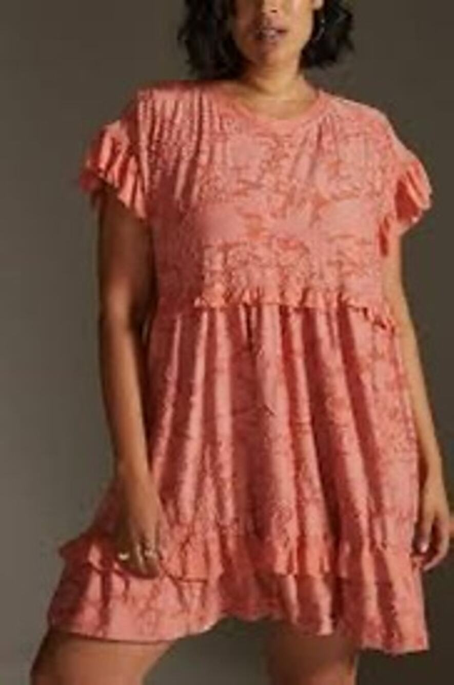 Anthropologie Coral Ruffle Knit Whimsy Floral Keyhole Mini Dress Size Large